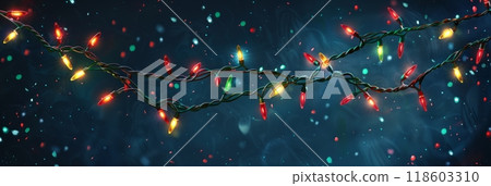This green Christmas garland adorned with red and yellow lights glows brightly against a dark blue background, adding a cheerful and inviting touch to the festive decor, banner 118603310