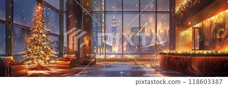 The elegant hall features a glowing Christmas tree and a stunning view of snowfall over New York's skyline, creating a cozy holiday ambiance, banner 118603387