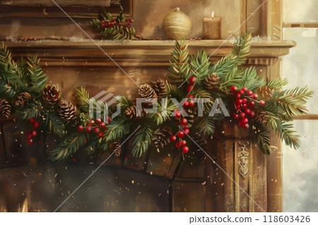 A festive illustration of a Christmas garland made of lush evergreen branches, pine cones, and red berries draped over a cozy fireplace mantel, adding warm holiday charm 118603426