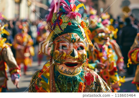 A lively street parade features participants in extravagant costumes, marching alongside giant puppet floats, creating a colorful and vibrant celebration for the crowd, unusualness explosion 118603464