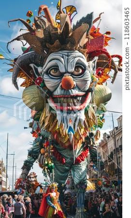 The parade showcases a spectacular display of creativity with giant puppet floats and participants in detailed, extravagant costumes, entertaining the lively, joyous crowd, unusualness explosion 118603465