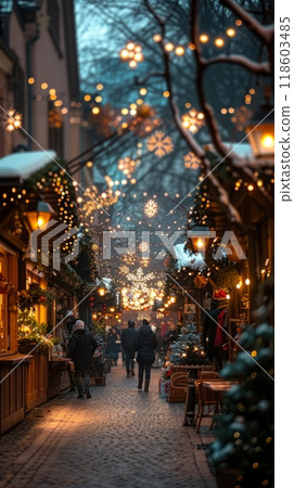 The Christmas fair is alive with market stalls offering handcrafted gifts and delicious treats, creating a cozy and inviting atmosphere perfect for holiday celebrations 118603485
