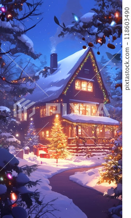 This serene holiday landscape features a cozy cottage illuminated by festive lights, nestled in a snowy forest as a scroll invites viewers into a winter wonderland 118603490