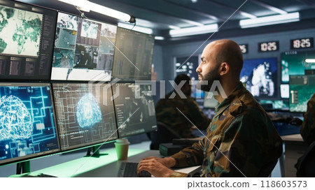 Army specialist employing AI tech to improve military warfare systems and threat monitoring. IT admin uses neural networks to enhance combat operational capabilities, camera B Army specialist employing AI tech to improve military warfare systems and threat monitoring. IT admin uses neural networks to enhance combat operational capabilities, camera B 118603573