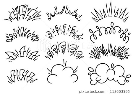 Cartoon comic bomb bang explosion effect. Vector burst with splashes and smoke elements. Doodle speed lines and pow clouds. Hand drawn fire lightning and arrows sketch 118603595