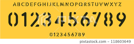 Industrial stencil typography, sleek and bold font for military branding, striking signage, sports jersey numbers, team merchandise. Vector typeset 118603649