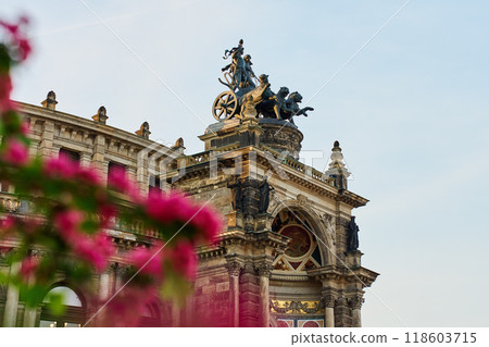 Detailed view of Semperoper Opera house facade in Dresden with architectural details and chariot sculpture on top. Germany architecture with historical building 118603715