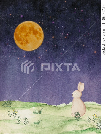 Watercolor illustration of a cute rabbit looking up at the moon Watercolor illustration of a cute rabbit looking up at the moon 118603733