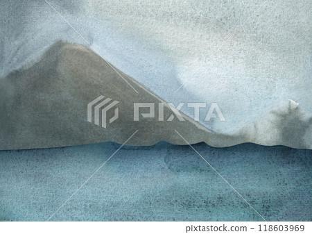 Seascape: blue water waves, grey sky and distant mountains in fog. Watercolor illustration for background. 118603969
