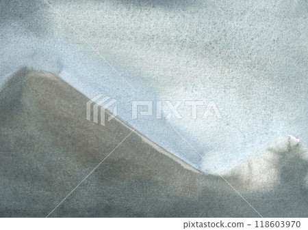 Distant mountains in fog under a cloudy gray-blue sky. Horizontal landscape. Watercolor illustration for background. Distant mountains in fog under a cloudy gray-blue sky. Horizontal landscape. Watercolor illustration for background. 118603970