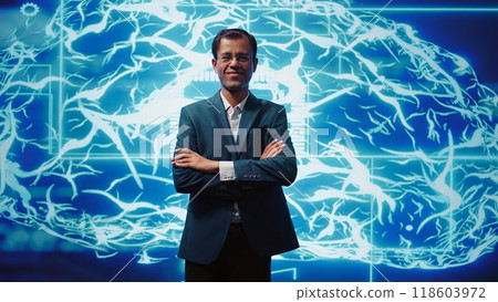 Upbeat engineer in startup doing advancements in AI field. Portrait of happy man standing with arms crossed in front of cutting edge display featuring AI and neural network graphics, camera B Upbeat engineer in startup doing advancements in AI field. Portrait of happy man standing with arms crossed in front of cutting edge display featuring AI and neural network graphics, camera B 118603972