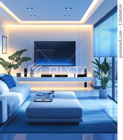 Modern Living Room with Soft Lighting and Minimal Decor 118604034