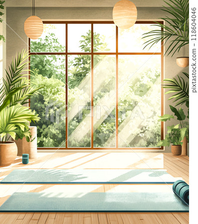 Serene Yoga Studio with Natural Light and Greenery Serene Yoga Studio with Natural Light and Greenery 118604046