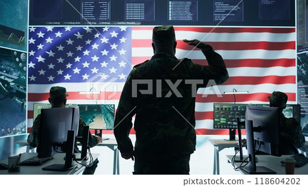 Russian military commander in high tech government control room spreading fake news and war propaganda, making threats. Russian army soldier stealing classified information and secrets. Camera A. Russian military commander in high tech government control room spreading fake news and war propaganda, making threats. Russian army soldier stealing classified information and secrets. Camera A. 118604202