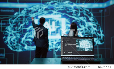 Engineers use AR tech to visualize AI neural networks brain, solving company problems. IT professionals using artificial intelligence augmented reality hologram, camera B 118604354