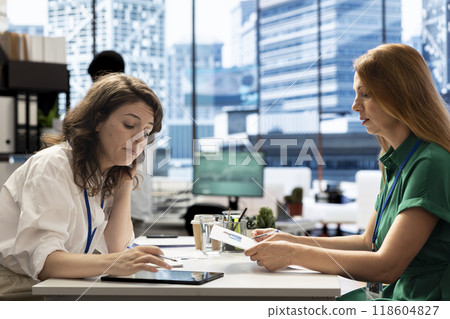 Team of HR professional in stock exchange company identifying right candidates for job opening. Employers working for financial business after finishing screening process 118604827