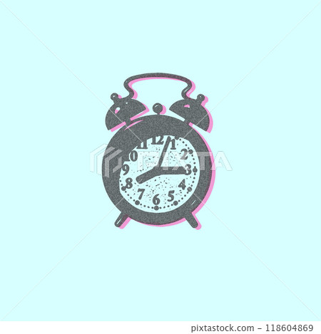 Grainy alarm clock retro photocopy effect pink bottom, vector vintage stipple black dots texture, time reminder watch Grainy alarm clock retro photocopy effect pink bottom, vector vintage stipple black dots texture, time reminder watch 118604869