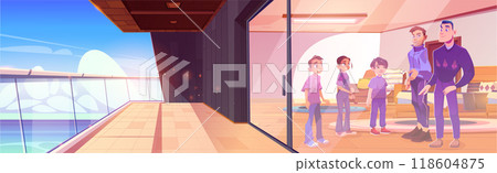 Men and teenagers in room with furniture, balcony 118604875