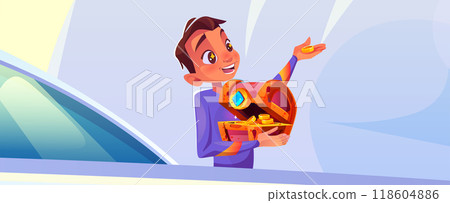 Happy boy holding treasure chest full of money 118604886