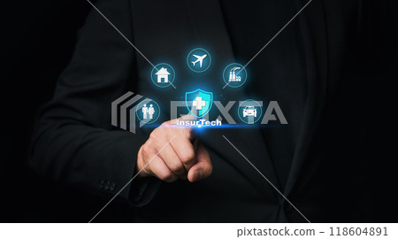 Insurance technology (Insurtech) concept and businessman pressing on text with virtual screen. Insurance technology (Insurtech) concept and businessman pressing on text with virtual screen. 118604891