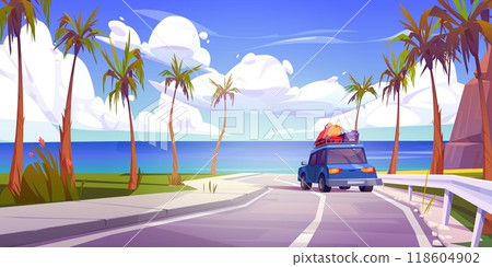 Car with baggage driving road to sea Car with baggage driving road to sea 118604902