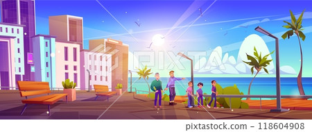 Men and teenagers walking on waterfront street 118604908