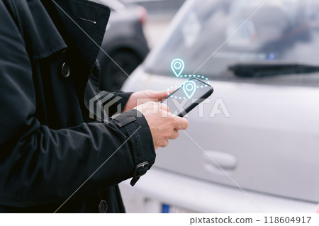 Man's hand using GPS app Man's hand using GPS app 118604917