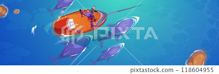 Top view on sinking fish boat surrounded by whales 118604955