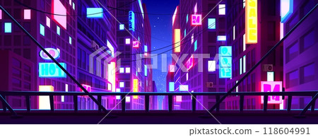 Night city downtown street with neon glow signs 118604991