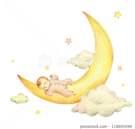 嬰兒睡在月亮、星星和雲上，手繪色鉛筆畫 118605099