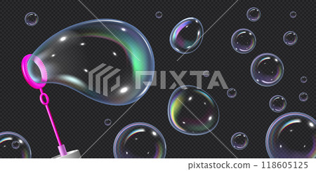 Realistic illustration of a banner with soap bubbles of different shapes with a blown ring. Realistic illustration of a banner with soap bubbles of different shapes with a blown ring. 118605125