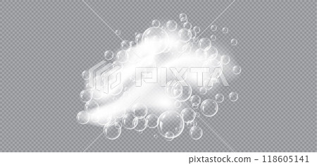 Realistic soap foam with bubbles vector illustration, white froth mass of small bubbles formed on liquid by agitation 118605141