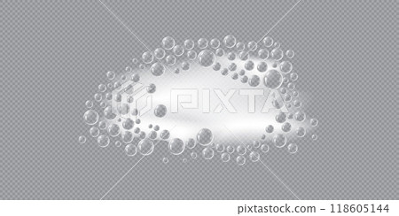 Realistic soap foam with bubbles vector illustration, a mass of small bubbles formed on liquid by agitation, white froth Realistic soap foam with bubbles vector illustration, a mass of small bubbles formed on liquid by agitation, white froth 118605144