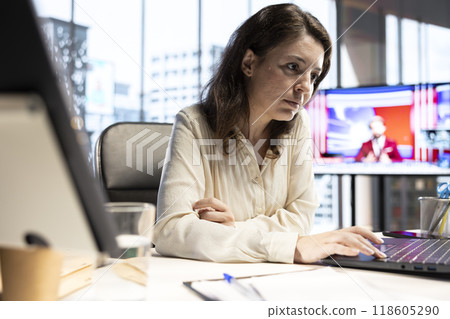 Successful businesswoman oversees project planning and execution, ensuring that the company initiatives align with strategic goals and market demands. Strategic thinking for development. 118605290