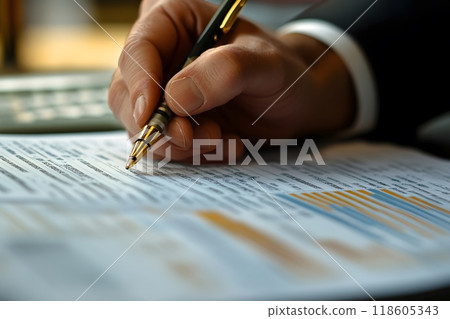 A businessman, reviewing financial documents and analyzing investment data, close up. Generative AI. 118605343
