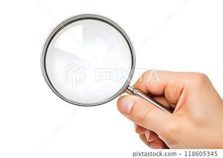Hand Holding Magnifying Glass, white background. Generative AI. 118605345