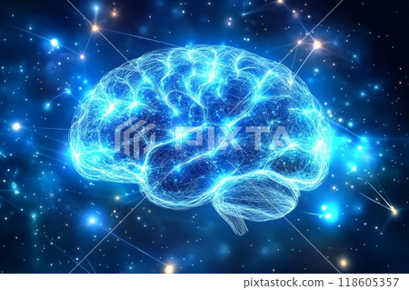 Abstract brain with glowing connections on blue background. Generative AI. 118605357