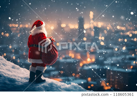 Santa Claus with gift sack on snowy hill with city lights. Generative AI. 118605361