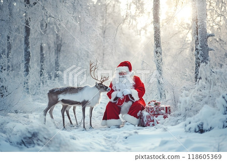 Santa Claus with reindeer in winter forest.. Generative AI. 118605369