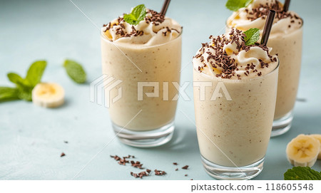 Banana milkshake garnished with mint 118605548