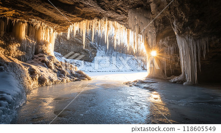 A cave with hanging icicles 118605549