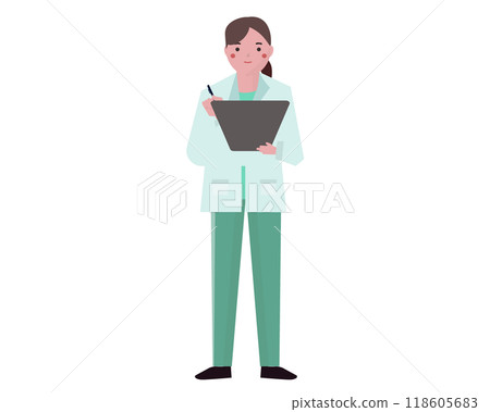 A female doctor in a white coat examining a patient. A doctor writing a medical record. Vector illustration A female doctor in a white coat examining a patient. A doctor writing a medical record. Vector illustration 118605683