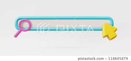 Vector 3d illustration of search bar template with magnifying glass and arrow cursor. 118605874