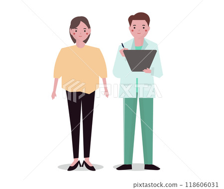 在醫院接受檢查的患者和醫生為他們進行檢查。一名婦女正在接受身體檢查。向量圖 118606031