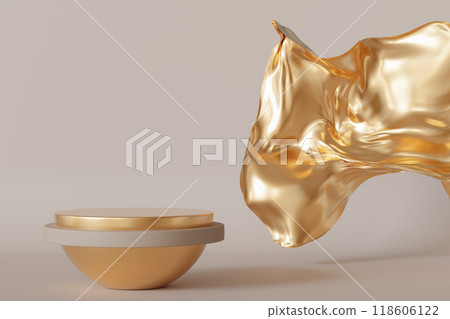 Luxurious podium with fluid golden abstract shape. Ideal for highlighting premium goods in a graceful and sophisticated manner. Empty scene. Stage, display, showcase. Flying gold. 3D render. Luxurious podium with fluid golden abstract shape. Ideal for highlighting premium goods in a graceful and sophisticated manner. Empty scene. Stage, display, showcase. Flying gold. 3D render. 118606122