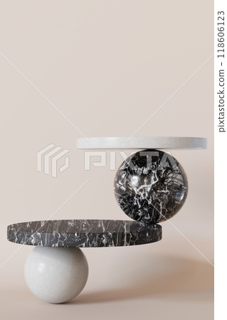 Two minimalist podiums with spheres as base. Ideal for highlighting premium goods in graceful and sophisticated manner. Empty scene. Stage, display, showcase. Marble. Beige, neutral background. 3D. Two minimalist podiums with spheres as base. Ideal for highlighting premium goods in graceful and sophisticated manner. Empty scene. Stage, display, showcase. Marble. Beige, neutral background. 3D. 118606123