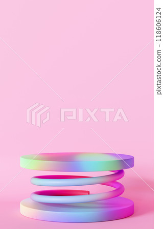 Playful, rainbow podium. Ideal for highlighting products, toys. Empty scene. Stage or display for promotions. Pink, vertical background. Color gradient. 3D render. Playful, rainbow podium. Ideal for highlighting products, toys. Empty scene. Stage or display for promotions. Pink, vertical background. Color gradient. 3D render. 118606124