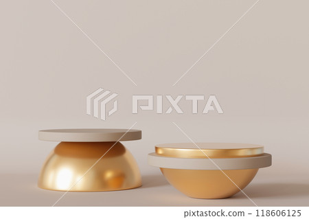 Two simple minimalist podiums with golden base. Ideal for highlighting premium goods in graceful and sophisticated manner. Empty scene. Stage, display, showcase. Gold. Beige, neutral background. 3D. Two simple minimalist podiums with golden base. Ideal for highlighting premium goods in graceful and sophisticated manner. Empty scene. Stage, display, showcase. Gold. Beige, neutral background. 3D. 118606125