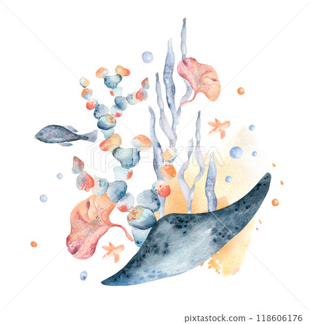 Underwater nature illustration with whimsical sea flora and ocean creatures on watercolor stain. Tropical bright ocean world with ray fishes and seaweeds hand drawn in soft orange pink. Summer design Underwater nature illustration with whimsical sea flora and ocean creatures on watercolor stain. Tropical bright ocean world with ray fishes and seaweeds hand drawn in soft orange pink. Summer design 118606176