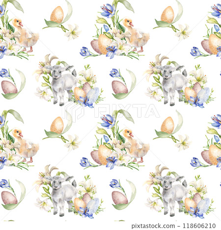 Easter lamb and white flowers seamless pattern isolated on white. Watercolor floral illustration with baby animals. Easter print with pets hand drawn. For design textile, package, wrapping paper Easter lamb and white flowers seamless pattern isolated on white. Watercolor floral illustration with baby animals. Easter print with pets hand drawn. For design textile, package, wrapping paper 118606210